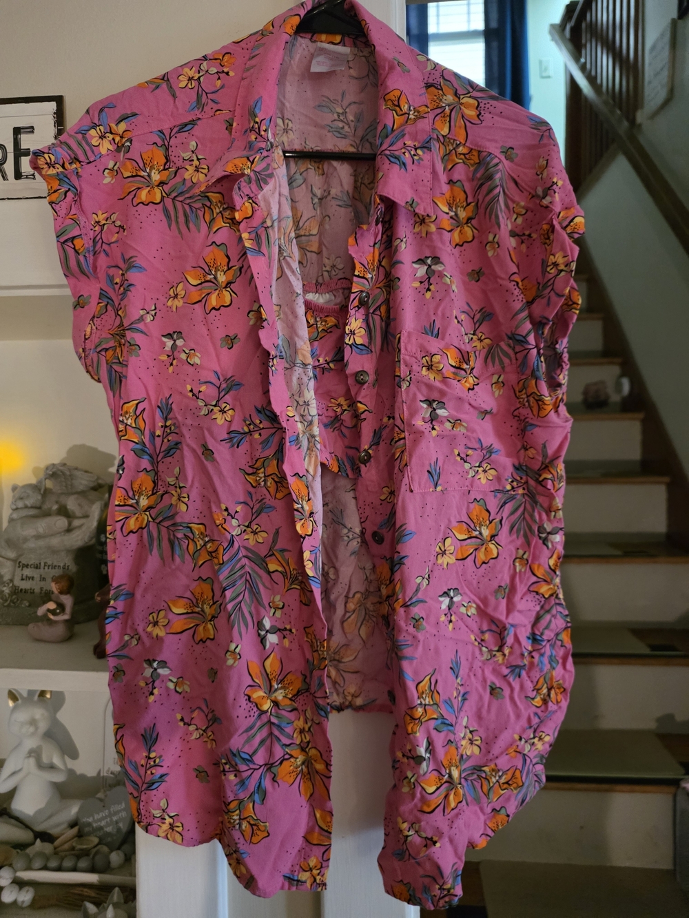 No Boundaries Pink Floral Button-Down Shirt W/Crop Top underneath